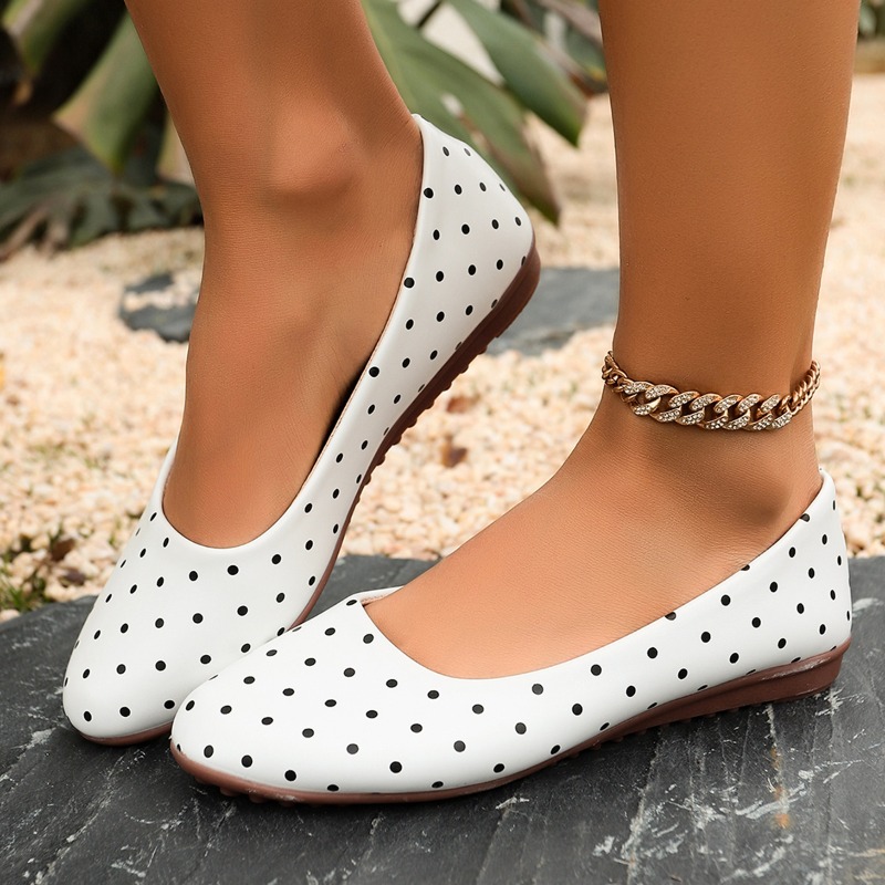 Women'S Fashion Walking Shoes - 여성용 흰색 물방울 무늬 플랫 슈즈,