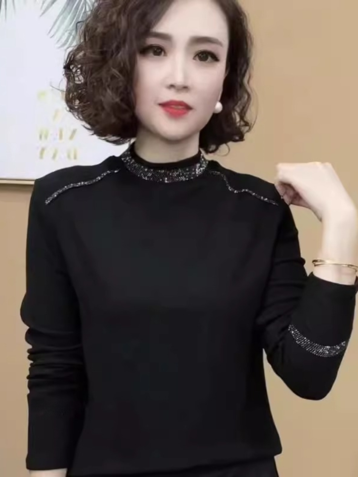 Women Fashion Over 40 - 세련된 긴팔 하프 하이 칼라 다이아몬드