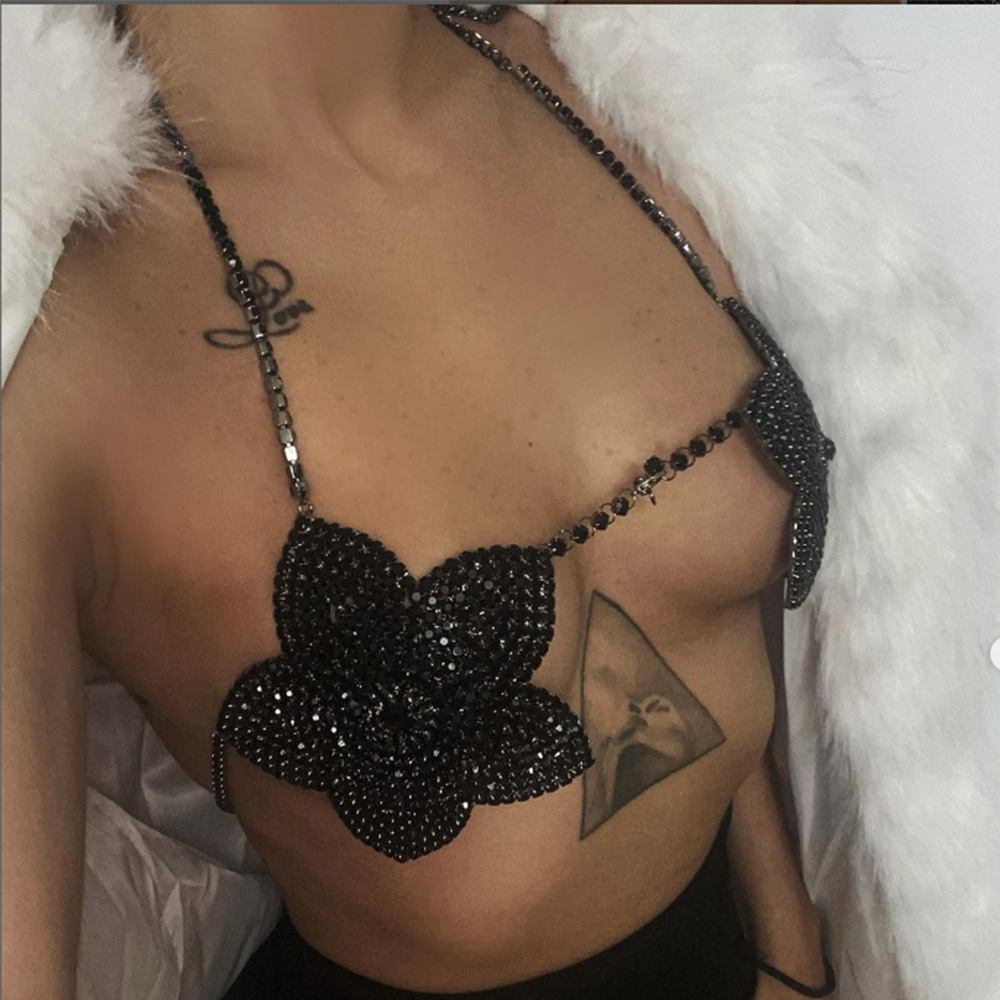 Women'S Fashion Harness - Stonefans 블랙 크리스탈 플라워 브라, 라인스톤