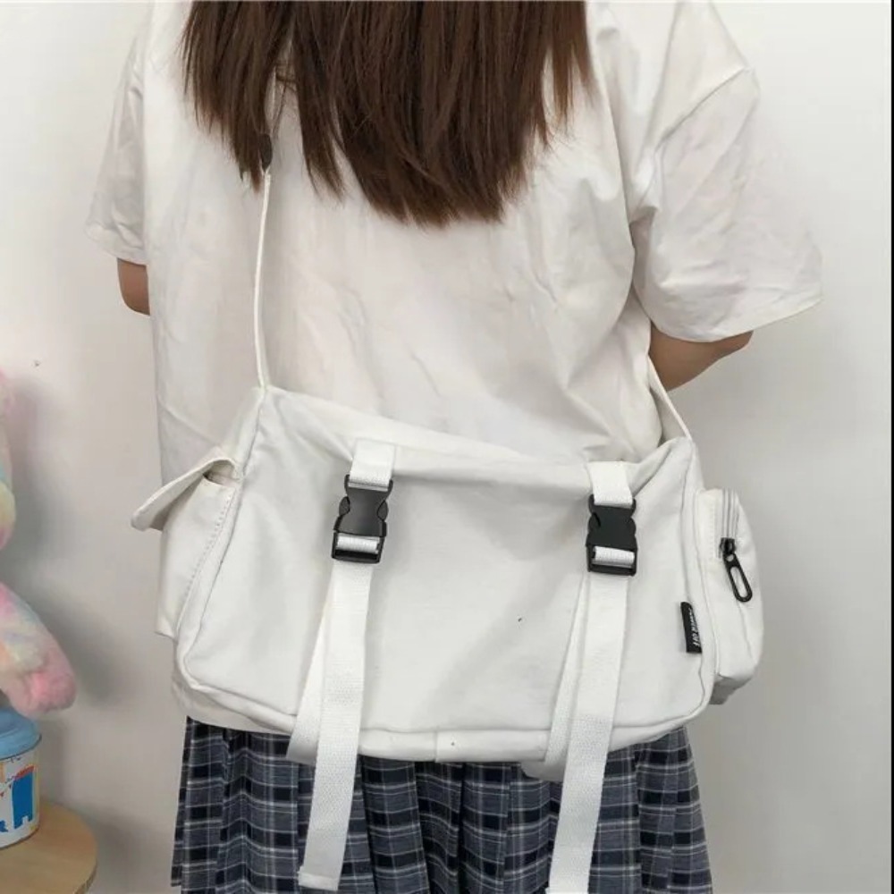 Canvas Tote Bag - 여성용 블랙 크로스 바디 백, 포켓