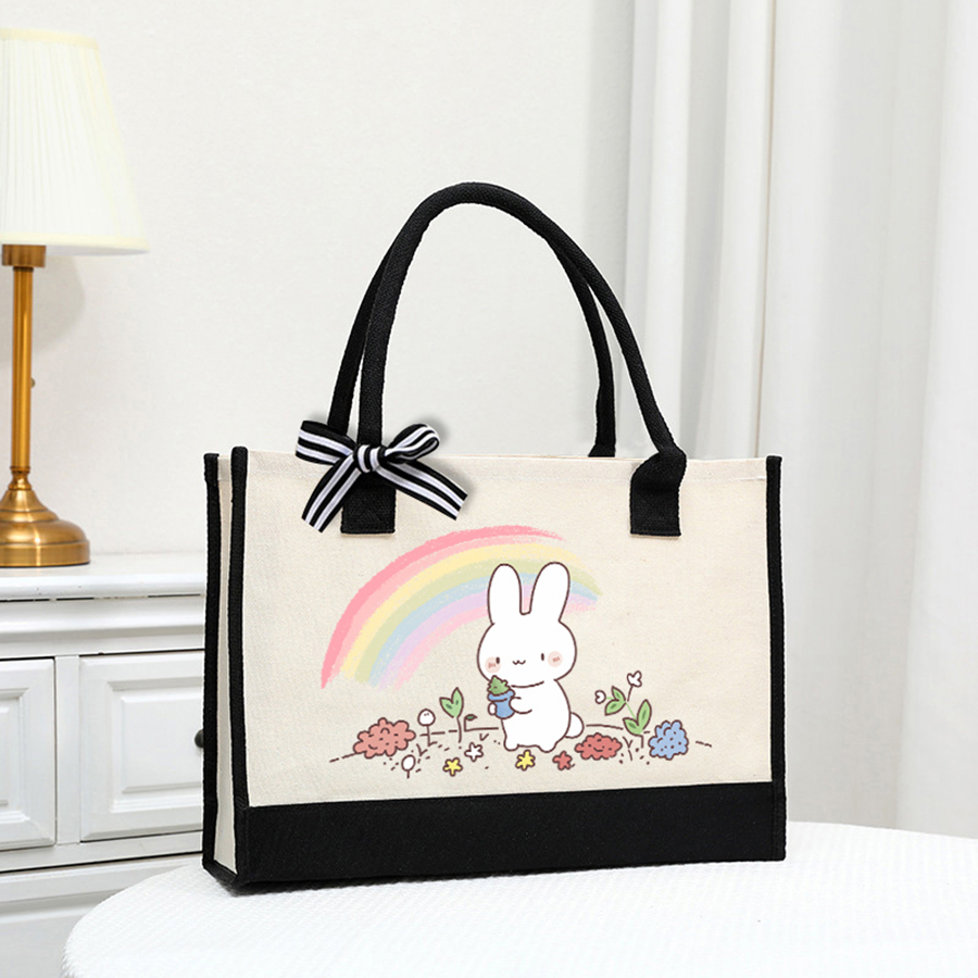 Canvas Tote Bag - 만화 프린트가 있는 밝은 흰색 캔버스