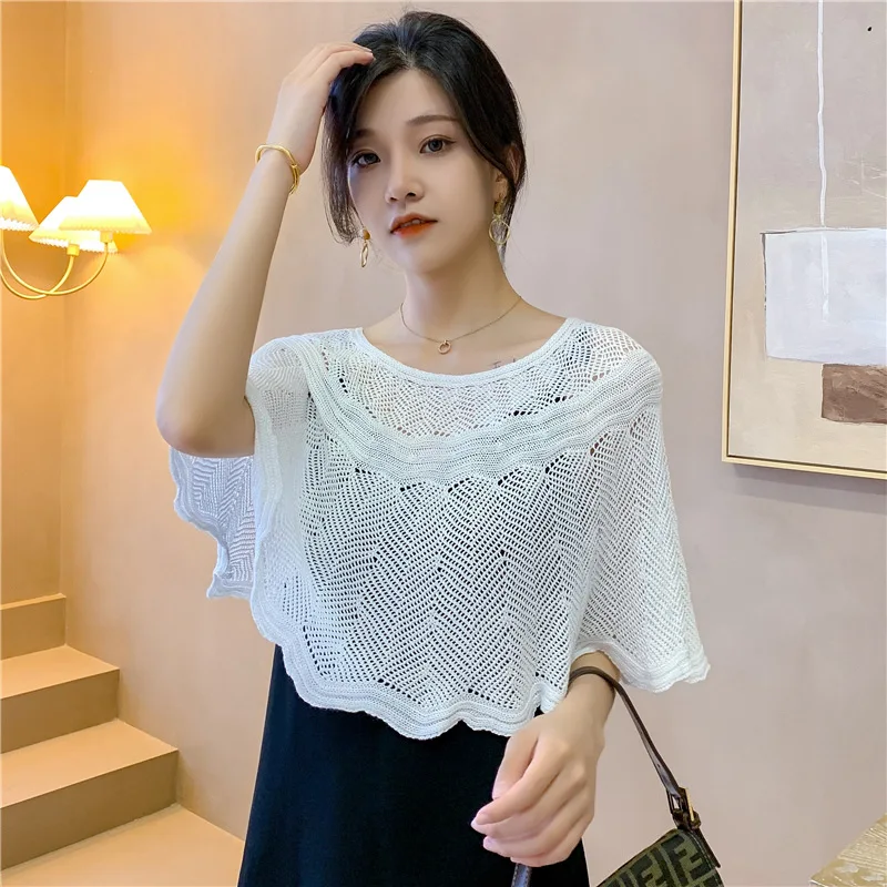 Women'S Fashion Poncho - 여성용 단색 할로우 아웃 판초 뜨게