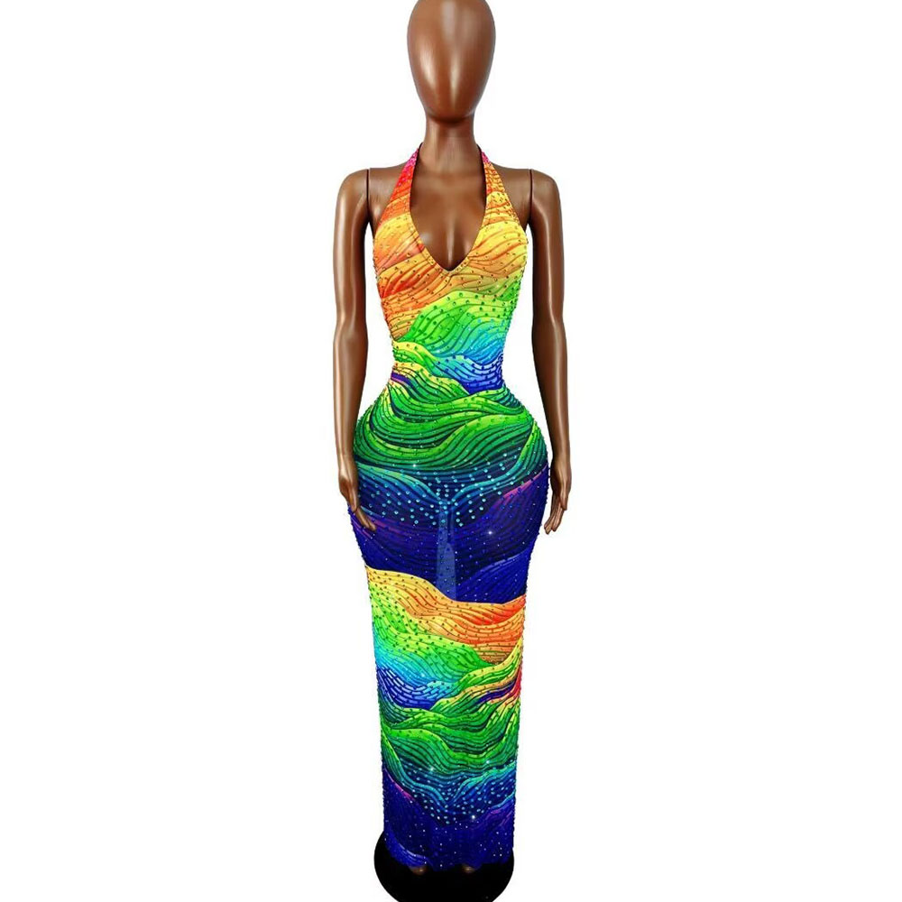 Women Fashion Designer Dresses Photos - 불규칙한 라인 패턴 디자인의 반짝이는 라인스톤