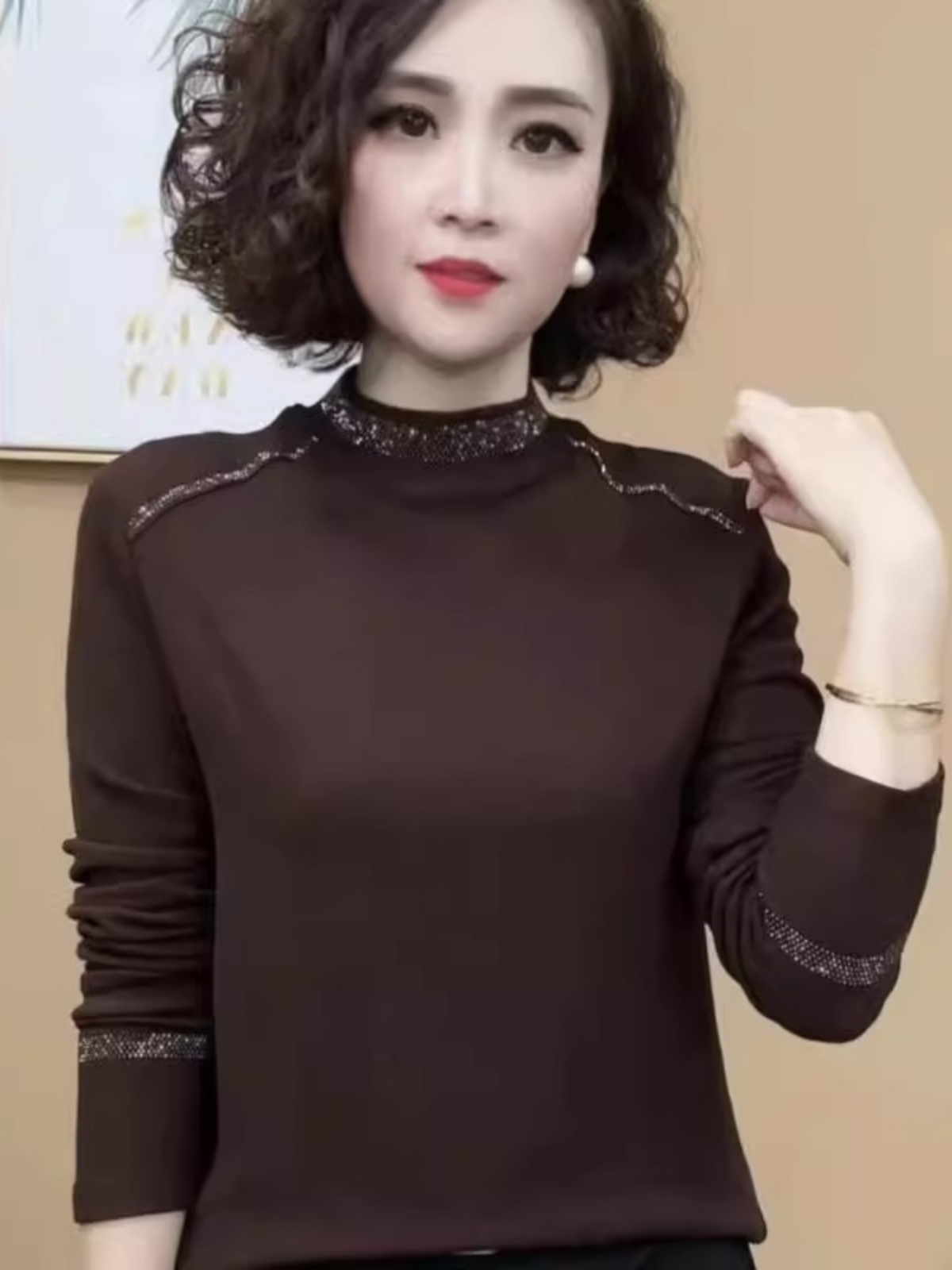 세련된 긴팔 하프 하이 칼라 다이아몬드 장식 베이스 셔 - Women Fashion Over 40 리뷰 및 가격
