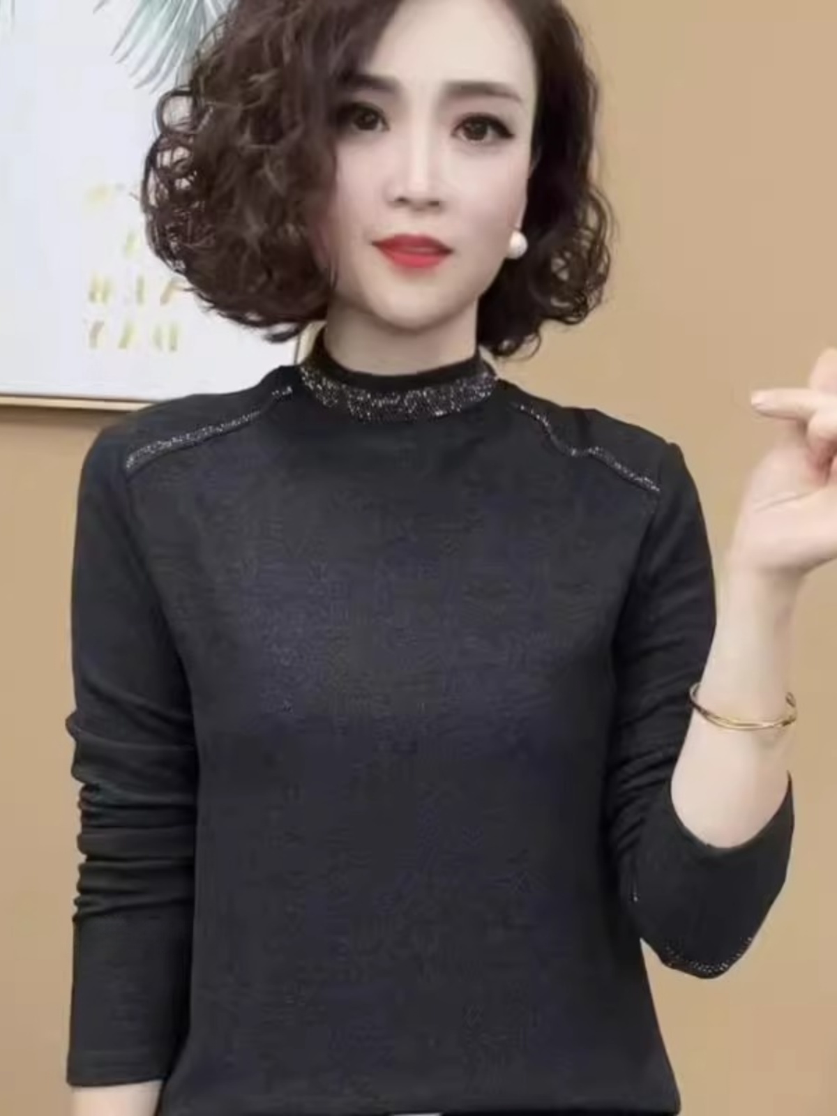 세련된 긴팔 하프 하이 칼라 다이아몬드 장식 베이스 셔 - Women Fashion Over 40 리뷰 및 가격
