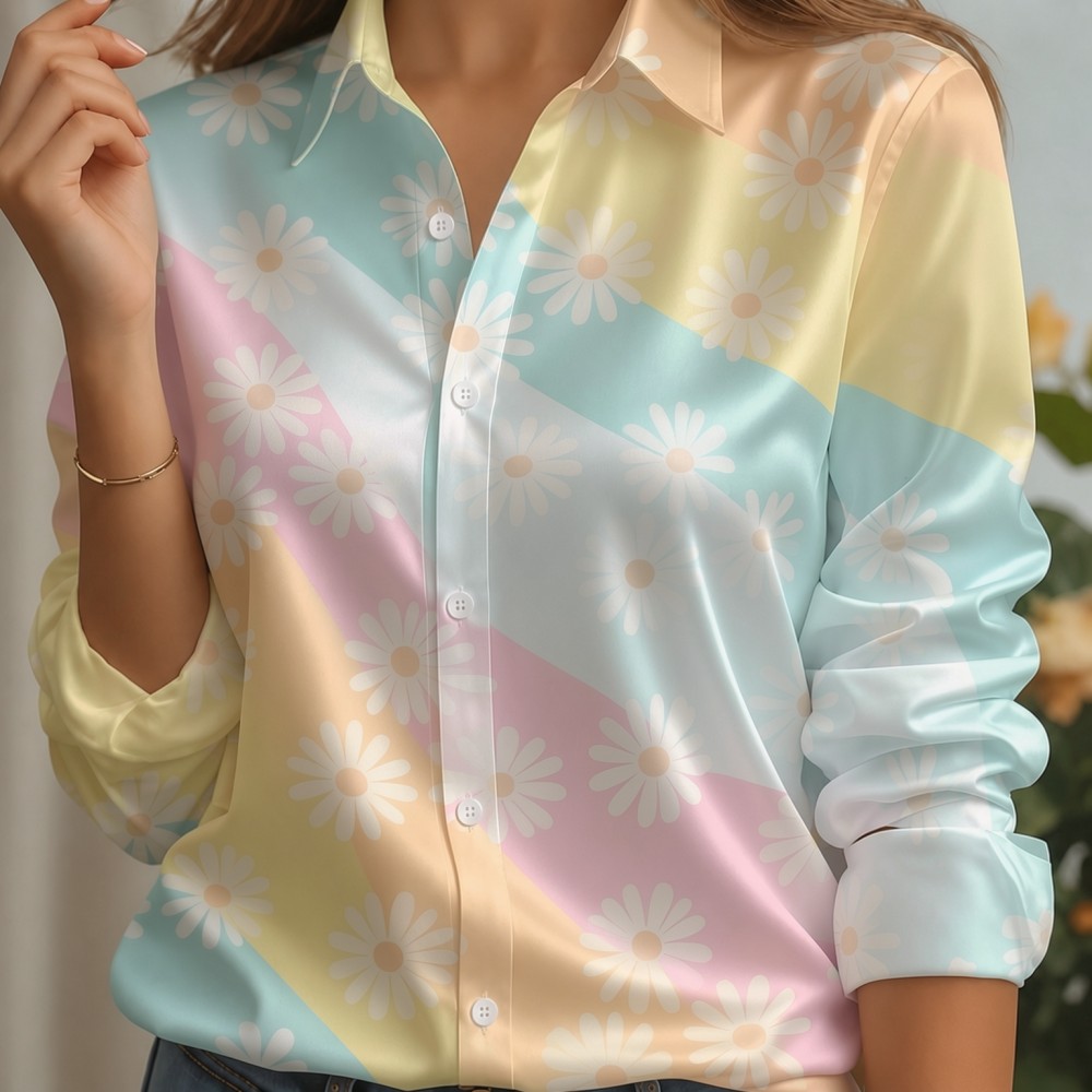 여성용 새틴 라펠 칼라 셔츠 파스텔 스트라이프 프린트  - Women'S Fashion Jersey 리뷰 및 가격