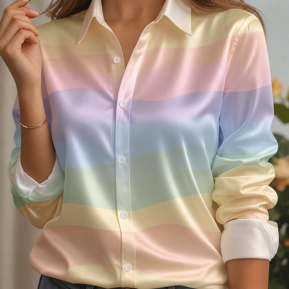 여성용 새틴 라펠 칼라 셔츠 파스텔 스트라이프 프린트  - Women'S Fashion Jersey 리뷰 및 가격