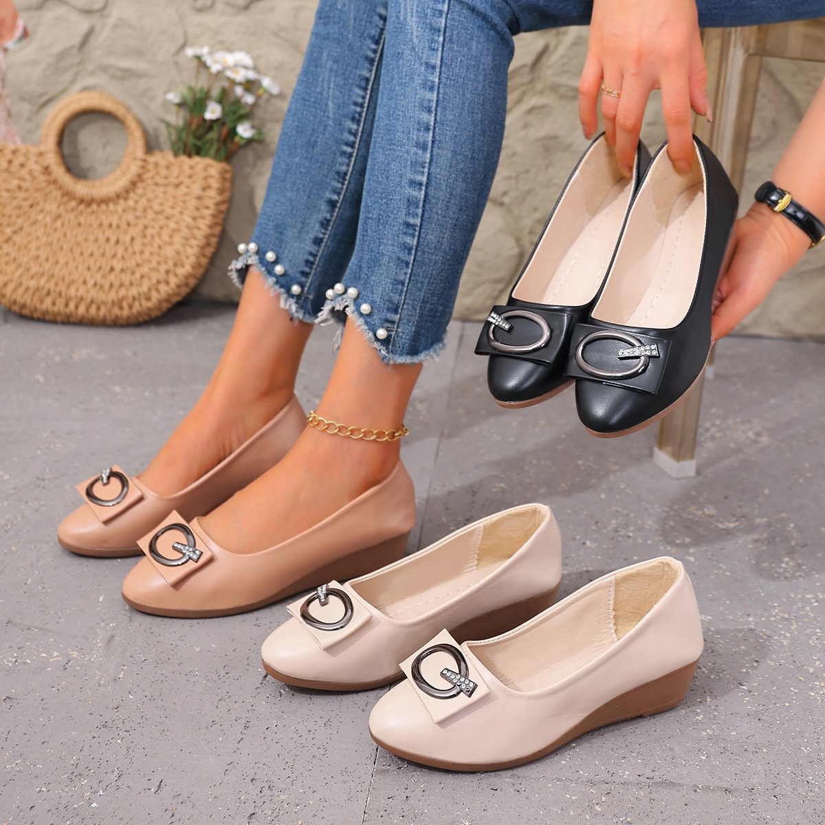 럭셔리 브랜드 여성용 라인스톤 가죽 펌프 웨지 힐 캐주 - Women'S Fashion Quick Delivery 리뷰 및 가격