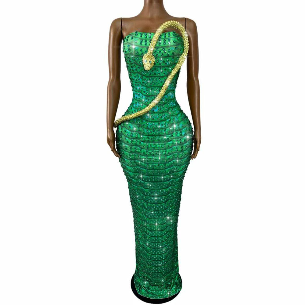 반짝이는 녹색 라인스톤 스네이크 디자인 튜브 드레스 이 - Women Fashion Designer Dresses Photos 리뷰 및 가격