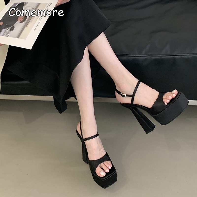 15CM 하이힐 청키 플랫폼 스퀘어 토 새틴 샌들 여성 - Women'S Fashion Q 리뷰 및 가격